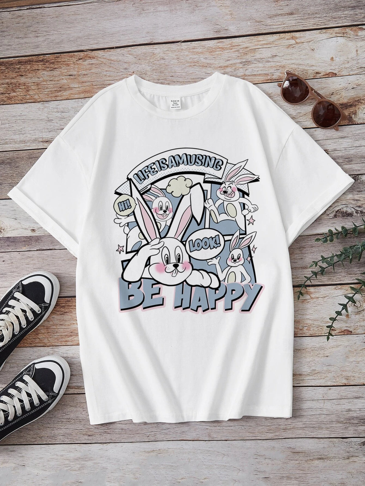Rabbit And Letter Graphic Drop Shoulder Tee