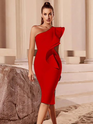 ADYCE One Shoulder Exaggerated Ruffle Bandage Dress
