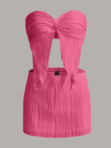 Twist Front Asymmetrical Hem Crop Tube Top & Bodycon Skirt