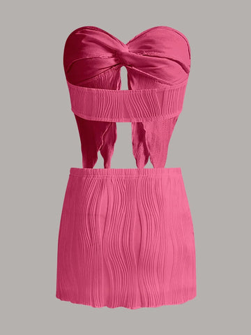 Twist Front Asymmetrical Hem Crop Tube Top & Bodycon Skirt
