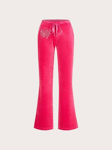 ICON Heart Rhinestone Drawstring Waist Flare Leg Pants
