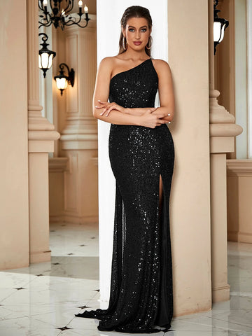 LOVE&LEMONADE One Shoulder Side Draped Split Thigh Sequin Dress