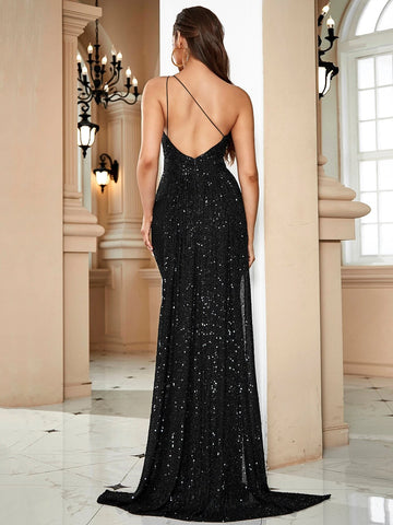 LOVE&LEMONADE One Shoulder Side Draped Split Thigh Sequin Dress
