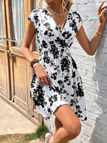 Floral Print Surplice Neck Dress