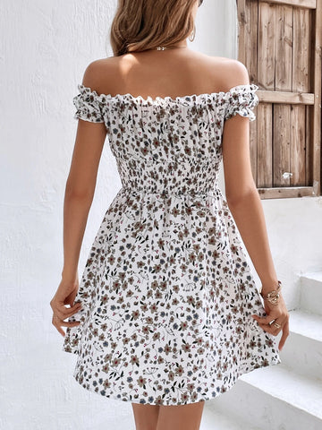 Ditsy Floral Print Off Shoulder Dress