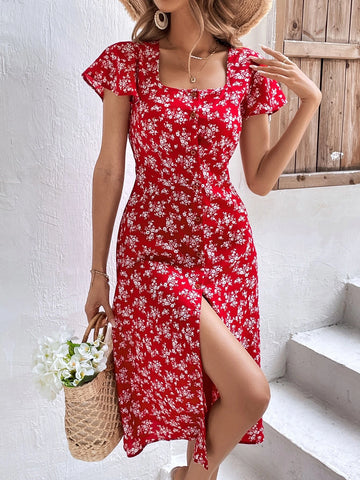 Ditsy Floral Print Square Neck Butterfly Sleeve Split Thigh Dress