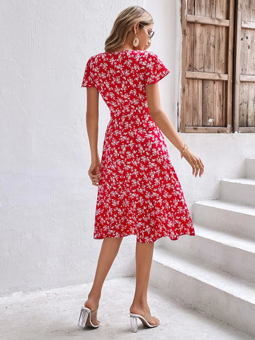 Ditsy Floral Print Square Neck Butterfly Sleeve Split Thigh Dress