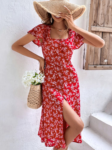 Ditsy Floral Print Square Neck Butterfly Sleeve Split Thigh Dress