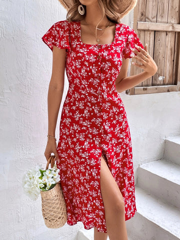 Ditsy Floral Print Square Neck Butterfly Sleeve Split Thigh Dress