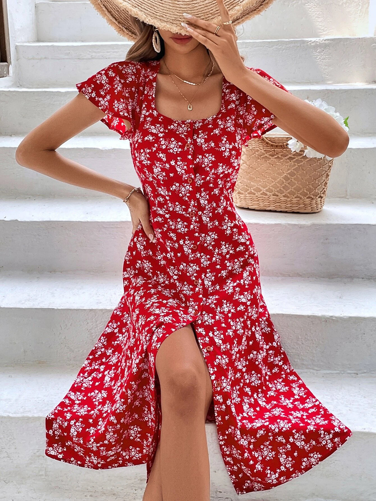 Ditsy Floral Print Square Neck Butterfly Sleeve Split Thigh Dress