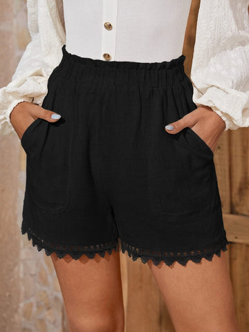 EMERY ROSE Paperbag Waist Guipure Lace Trim Shorts