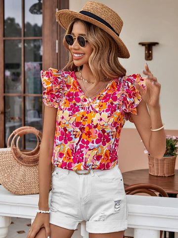 EMERY ROSE Allover Floral Print Ruffle Trim Blouse