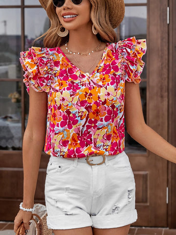 EMERY ROSE Allover Floral Print Ruffle Trim Blouse