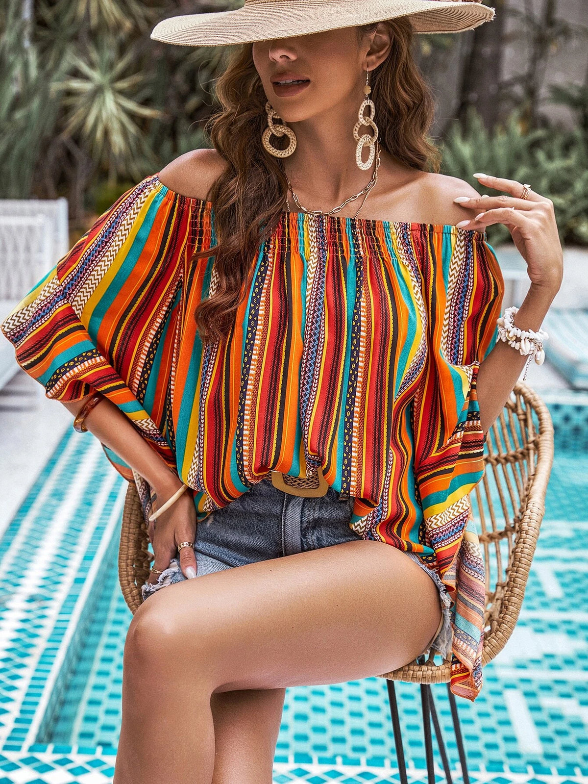 VCAY Striped Off Shoulder Batwing Sleeve Blouse
