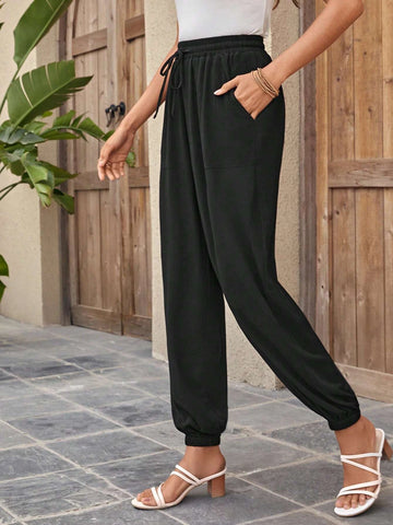 EMERY ROSE Solid Drawstring Waist Pants