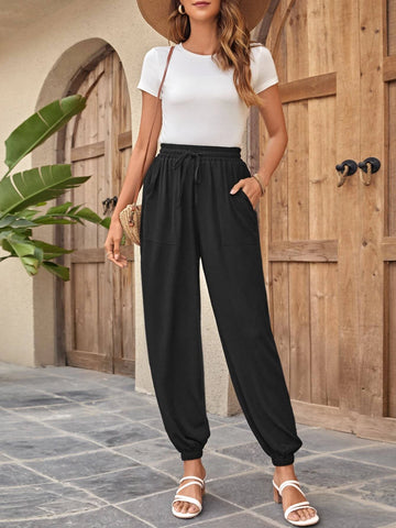 EMERY ROSE Solid Drawstring Waist Pants