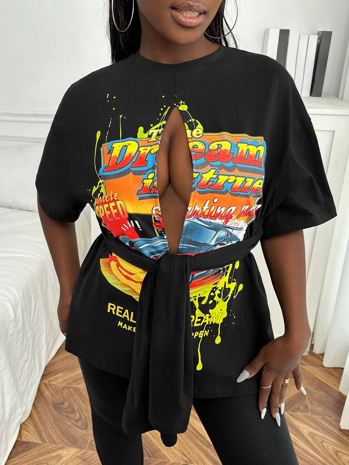 SXY Car & Letter Graphic Drop Shoulder Cut Out Knot Front Tee