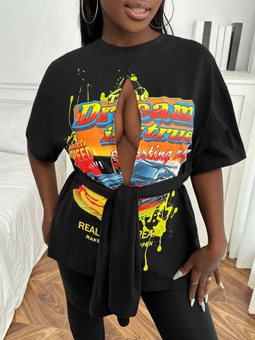 SXY Car & Letter Graphic Drop Shoulder Cut Out Knot Front Tee