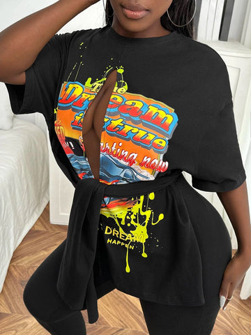 SXY Car & Letter Graphic Drop Shoulder Cut Out Knot Front Tee