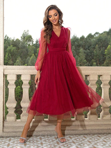 Joyfunear Lantern Sleeve Mesh Overlay Dress