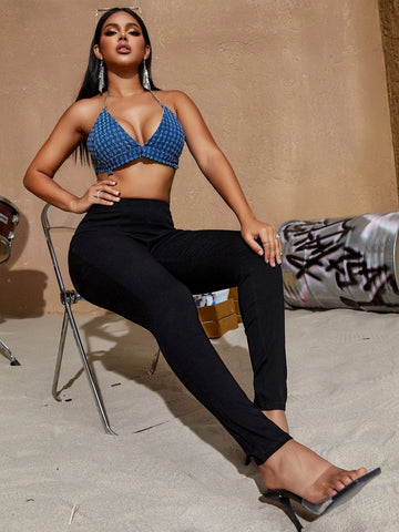 Apperloth A High Waist Stretchy Solid Zipper Side Skinny Pants