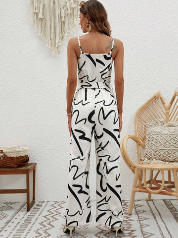 EMERY ROSE Allover Print Belted Cami Jumpsuit