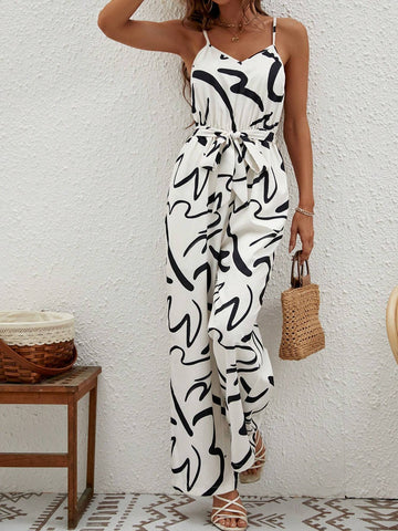EMERY ROSE Allover Print Belted Cami Jumpsuit