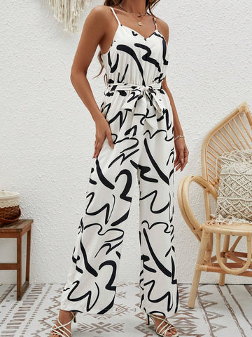 EMERY ROSE Allover Print Belted Cami Jumpsuit