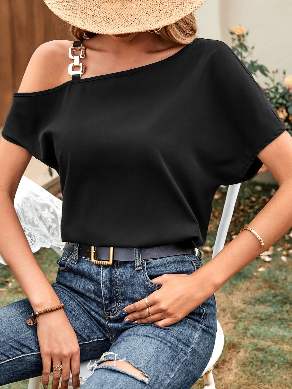 EMERY ROSE Chain Detail Asymmetrical Neck Batwing Sleeve Blouse