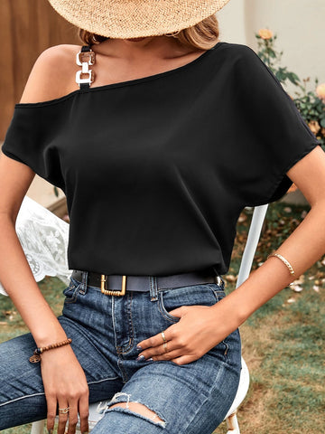 EMERY ROSE Chain Detail Asymmetrical Neck Batwing Sleeve Blouse