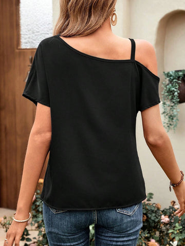 EMERY ROSE Chain Detail Asymmetrical Neck Batwing Sleeve Blouse