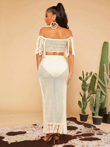 Off Shoulder Fringe Trim Crop Top & Split Thigh Skirt Without Panty