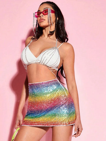 BAE Rainbow Pattern Sequin Bodycon Skirt