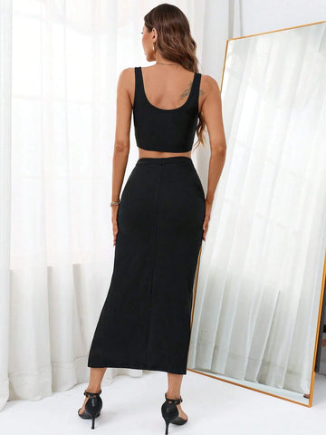 Solid Crop Tank Top & Button Front Split Thigh Skirt