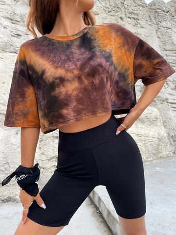 EZwear Tie Dye Drop Shoulder Crop Tee