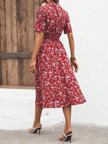 All Over Floral Print Belted Shirt Dress
