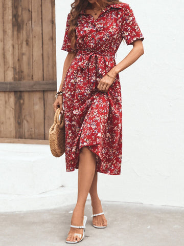 All Over Floral Print Belted Shirt Dress