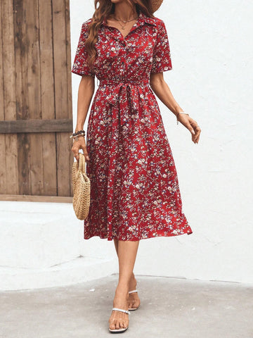 All Over Floral Print Belted Shirt Dress