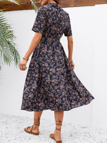 All Over Floral Print Belted Shirt Dress