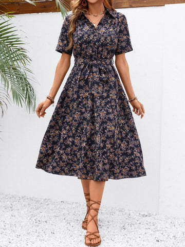 All Over Floral Print Belted Shirt Dress