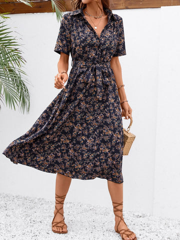 All Over Floral Print Belted Shirt Dress