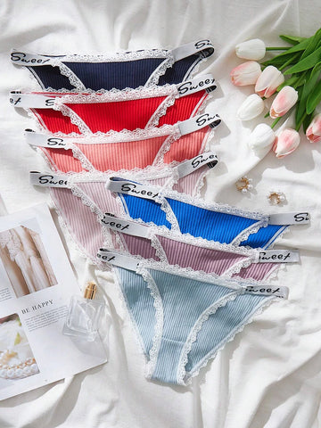 7pack Letter Tape Contrast Lace Panty
