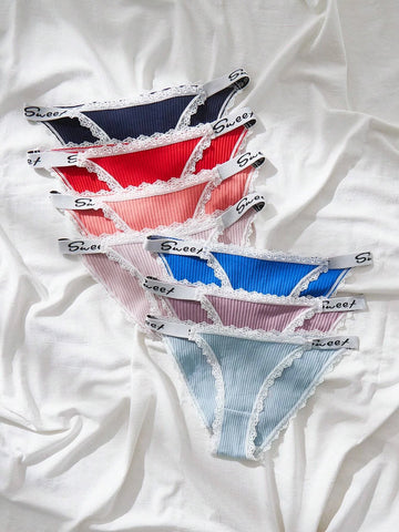7pack Letter Tape Contrast Lace Panty