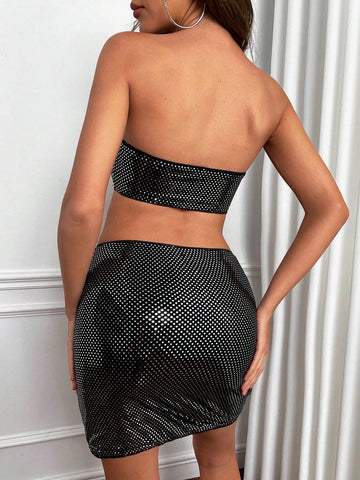 Ring Front Sequin Tube Top & Split Hem Bodycon Skirt