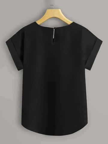 Solid Batwing Sleeve Curved Hem Blouse