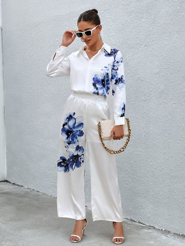 Floral Print Shirt & Wide Leg Pants