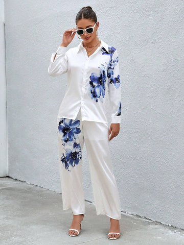 Floral Print Shirt & Wide Leg Pants