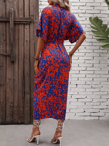 Allover Print Batwing Sleeve Belted Shirt Dress