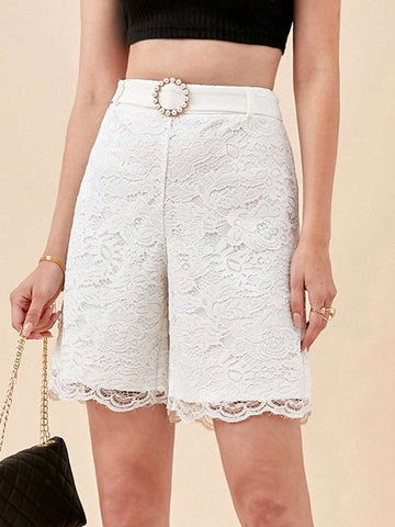 BIZwear Solid Lace Overlay Belted Shorts