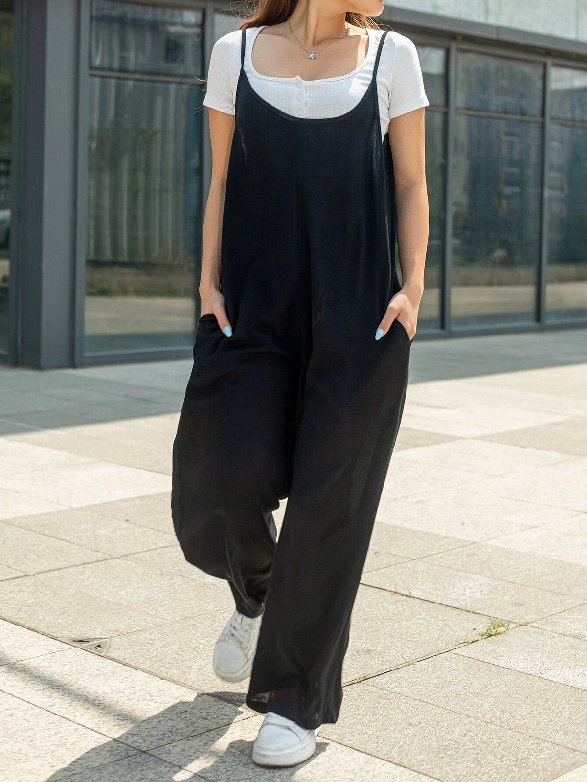 Solid Slant Pocket Wide Leg Cami Jumpsuit Without Tee
